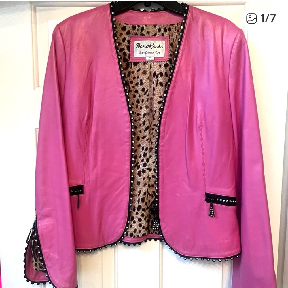 BonoRocks Pink Faux Leather Studded Jacket – Size 10 Studded Trim + Leopard Lini